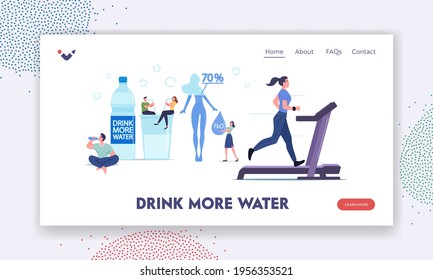 Characters Drink Water to Stay Hydrated Landing Page Template. Tiny People at Huge Bottle and Glass with Pure Aqua. Woman Exercising on Treadmill. Weight Control, Beauty. Cartoon Vector Illustration