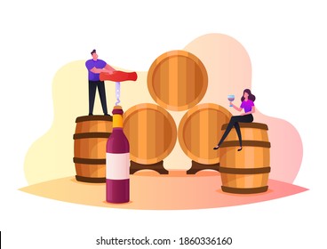 Characters Drinking Wine in Vault. Tiny Man Open Huge Bottle with Corkscrew, Woman with Wineglass Degustation, Tasting Alcohol Drink. Expertise of Beverage Features. Cartoon People Vector Illustration