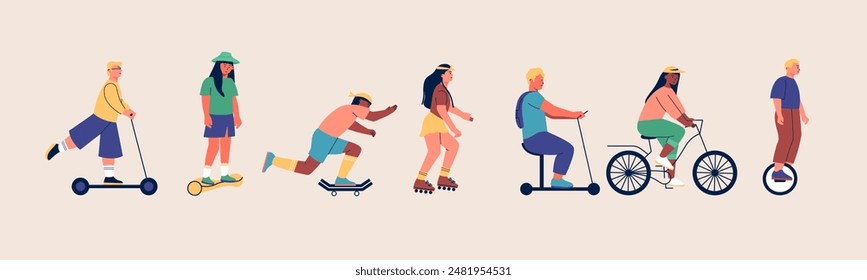 Characters driving modern vehicles. Cartoon people on bicycle, scooter, skateboard, electric bike, urban means of transportation. Vector flat set