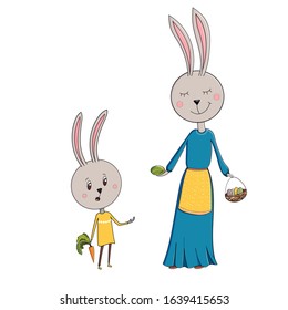Characters - Easter bunnies mother ans daughter with  egg. Cute bunny in a blue dress with  Easter egg. Illustration for postcards, books, menus or games.