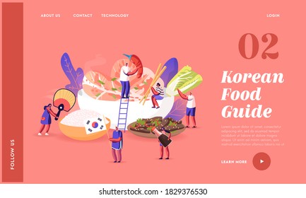 Characters Eating and Cooking Korean Cuisine Landing Page Template. People with National Fan, Tourists around Huge Dish with Rice, Shrimps, Meat, Cabbage and Veggies. Cartoon Vector Illustration