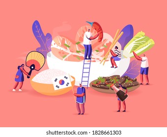 Characters Eating and Cooking Traditional Korean Cuisine Concept. People with National Fan, Tourists around Huge Dish with Rice, Shrimps, Roasted Meat, Cabbage and Veggies. Cartoon Vector Illustration