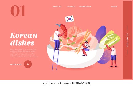 Characters Eating or Cooking Traditional Korean Cuisine Landing Page Template. People with Chili Pepper, Sticks and Salad around of Huge Dish with National Kimchi Meal. Cartoon Vector Illustration