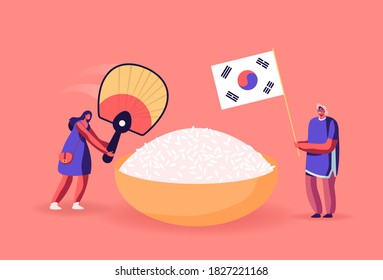 Characters Eating Korean Food Concept. Man Holding National Flag of Korea, Woman with Fan Stand near Huge Bowl with White Rice. Traditional Asian Meal, Healthy Dish. Cartoon People Vector Illustration