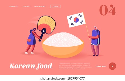 Characters Eating Korean Food Landing Page Template. Man Holding Flag of Korea, Woman with Fan near Huge Bowl with White Rice. Traditional Asian Meal, Healthy Dish. Cartoon People Vector Illustration