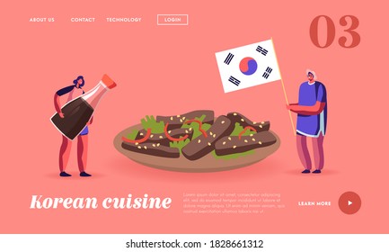 Characters Eating Korean Food Landing Page Template. Man Holding Flag of Korea, Woman with Soy Sauce near Huge Bowl with Roasted Meat. Traditional Meal, Asian Dish. Cartoon People Vector Illustration