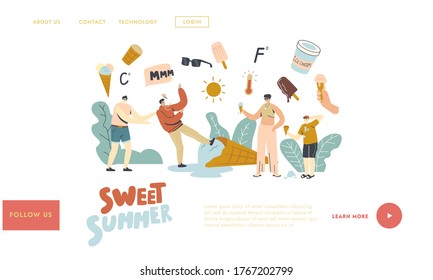 Characters Eating Melted Ice Cream Landing Page Template. Summer Time Food, Sweet Dessert, Cold Meal. Adults or Kids Eat Icecream Popsicle, Waffle Cone, Creme Brulee. Linear People Vector Illustration