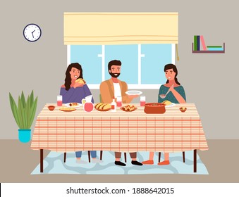 Characters Eating Mexican Cuisine Dishes. People In National Costumes Have Dinner At Home. Dining Table With Tacos And Burritos. Family With Mexican Food On The Table. Relatives Communicate Together