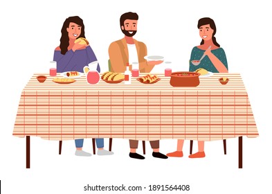 Characters Eating Mexican Cuisine Dishes. People Dinner At Home Isolated On White. Dining Table With Tacos And Burritos. Family With Mexican Food On The Table. Relatives Communicate Together