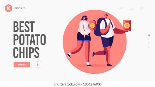 Characters Eating Potato Chips in Package Landing Page Template. Fast Food with High Level of Carb and Calories, Unhealthy Nutrition, People Enjoying Vending Machine Snack. Cartoon Vector Illustration