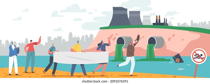 Personajes Protesta ecológica, gente con pancartas salvan huelga planetaria contra la contaminación ecológica en fábrica con tubos de humo, flotando basura en el océano contaminado, mintiendo en la playa. Ilustración del vector de dibujos animados