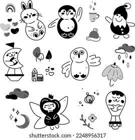 Caracteres y elementos conjunto de doodles2. 12 elementos bonitos y 7 personajes lindos. Dibujo vectorial blanco y negro de dibujos animados.