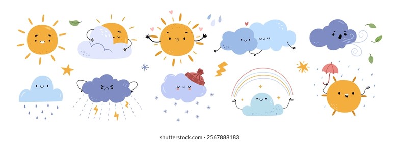 Characters or emoticons, weather personages with smiley faces. Vector in flat style, isolated set of sun and clouds, rainbow and positive mood. Thunderstorm and wind, summertime and spring forecast