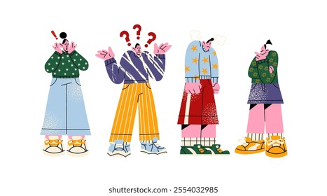 Characters with emotions of shock, surprise and anger. Cartoon emotional gesturing people. Enraged excited mascots with bright emotions of bewilderment, good and bad news. Vector illustration