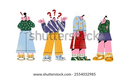 Characters with emotions of shock, surprise and anger. Cartoon emotional gesturing people. Enraged excited mascots with bright emotions of bewilderment, good and bad news. Vector illustration