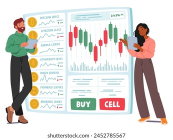 Characters Engage In Cryptocurrency Trading By Buying And Selling Digital Assets Like Bitcoin Or Ethereum On Online Platforms For Potential Profit Or Investment Purposes. Cartoon Vector Illustration