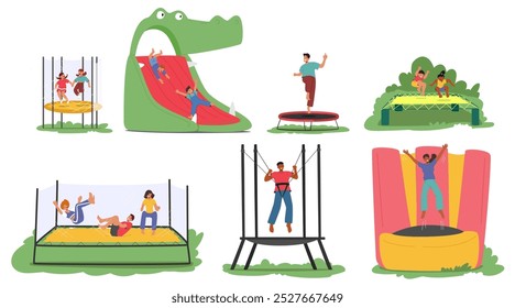 Characters Engaging In Fun Activities On Trampolines And Inflatable Slides Outside. Cartoon Vector Scene Highlights Joy, Recreation, And Leisure With People Jumping And Sliding in Playful Atmosphere