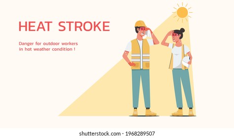 characters of engineer standing together in sunny weather in summer and feeling tried because heatstroke symptom, flat vector illustration