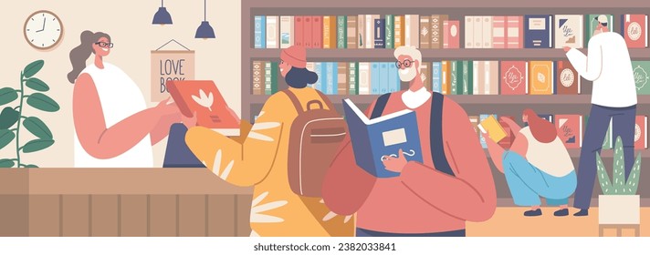 Characters Engrossed In Reading, Studying And Researching In The Serene Library. Haven Of Knowledge, Vector Illustration