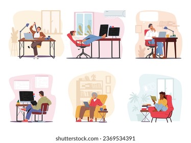 Characters Engrossed In Their Computers. Focused, Productive, And Interconnected In The Digital Realm, They Navigate The Virtual World. People Working at Home or Office. Cartoon Vector Illustration