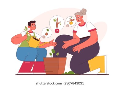 Characters enjoy gardening. Grandmother and grandson planting a garden vegetables or fruits. Modern agricultural hobby, urban farming. Flat vector illustration