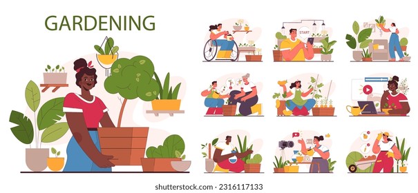 Characters enjoy gardening set. People planting and taking care of potted house plants, microgreen and garden vegetables and fruits. Modern agricultural hobby, urban farming. Flat vector illustration