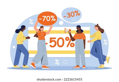 Characters enjoy shopping. Women stand next to each other with gift and discount coupon. Special offer for regular customers. Marketing and promotion of goods. Cartoon flat vector illustration