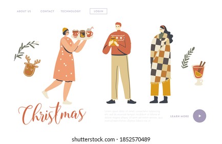 Characters Enjoying Drinking Christmas Drinks Landing Page Template. People in Warm Clothes and Plaid Holding Cups with Hot Beverages, Xmas Holiday Season, Decorated Mugs. Linear Vector Illustration