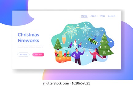 Characters Enjoying Fireworks Landing Page Template. Outdoor Christmas or New Year Holiday Celebration, Men Launch Petard, Girl with Male Friend Holding Sparklers. Cartoon People Vector Illustration