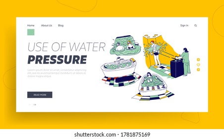 Characters Enjoying Hydromassage in Spa or Sanatorium Landing Page Template. Men and Women Sit in Bath Tub with Gurgling Water, Patient Get Procedure with Aqua Jet. Linear People Vector Illustration