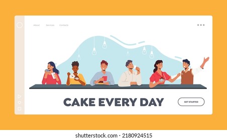 Characters Enjoying Sugar Food Landing Page Template. People Eating Cakes, Donuts And Ice Cream At Cafe. Men And Women Tasting Delicious Desserts And Drinking Coffee. Cartoon Vector Illustration