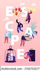 Characters Escape Home Isolation Concept. People Leaving Cages and Run into Open Door and Flying on Air Balloons after Covid19 Pandemic Quarantine Poster Banner Flyer. Cartoon Vector Illustration