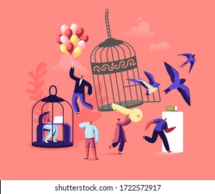 Characters Escape Home Isolation, Freedom Concept. People Leaving Cages and Run into Open Door and Flying on Air Balloons with Swallow after Covid19 Pandemic Quarantine. Cartoon Vector Illustration