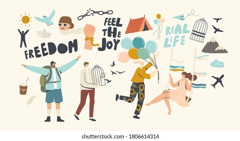 Characters Escape Home Isolation, Freedom Concept. People Leaving Cages, Break Ropes and Chains and Run with Air Balloons, Traveling and Flying with Swallows after Covid19. Linear Vector Illustration