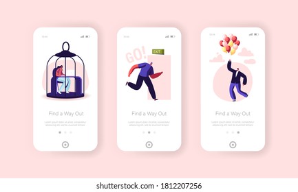 Characters Escape Home Isolation Mobile App Page Onboard Screen Template. People Leaving Cages, Run into Open Door and Flying on Air Balloon after Covid19, Freedom Concept. Cartoon Vector Illustration