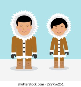 Characters eskimos woman and man dressed in national costumes.