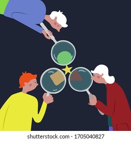 Characters examine a star through a magnifying glass. People holding a magnifier. Scale up. Object research. Conceptual illustration of misperception. Flat hand drawn illustration, clip art
