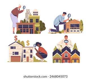 Personajes Examinando Diversos Tipos De Propiedades Inmobiliarias Utilizando Lupas, Indicando Estudios De Mercado