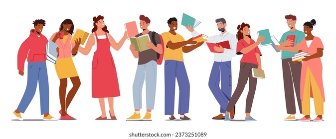 Characters Exchange Books, Heartwarming Scene As Men and Women Swap Stories, Sharing The Joy Of Literature And Forging Connections Through The Magic Of Words. Cartoon People Vector Illustration