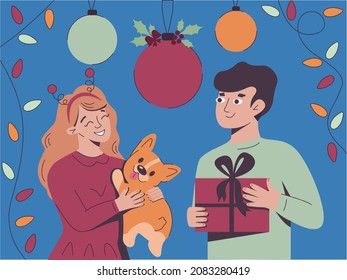 Characters exchange gifts. A guy and a girl celebrate Christmas. Merry Christmas and Happy New Year. Vector flat illustration.