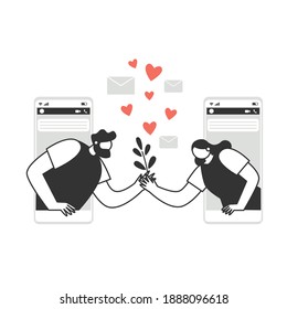 Characters exchange love messages on the phone, in a chat room. Valentines Day. Love and romance concept. Vector illustration