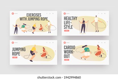 Characters Exercising with Jump Rope Landing Page Template Set. Summertime Recreation, Outdoor or Indoor Activity, Active Sparetime, Weight Loss Training, Workout. Cartoon People Vector Illustration