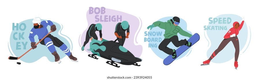 Characters in Exhilarating Winter Sports Activities Including Hockey, Bobsleigh, Snowboarding and Speed Skating. Athletes Showcasing Skill, Speed, And Agility In The Chilly Season. Vector Illustration