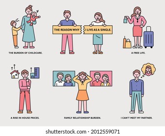 The characters explain the advantages and disadvantages of being married and not married. outline simple vector illustration.