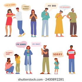 Characters Express Remorse, Saying Sorry With Sincere Tones And Regretful Eyes, Seeking Forgiveness And Understanding, Bridging Gaps With Heartfelt Apologies For Their Actions And Words. Vector Set