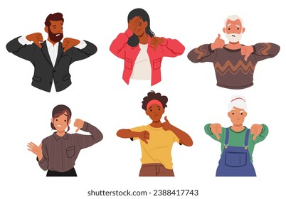 Characters Expressing Displeasure With Thumbs Down, Universal Sign Of Disapproval, Frowns And Lowered Thumbs Convey Disliking Or Disagreeing With Something Strongly. Cartoon People Vector Illustration