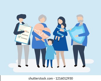 Characters of an extended family with healthcare illustration