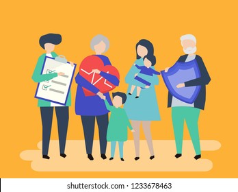 Characters of an extended family with healthcare illustration