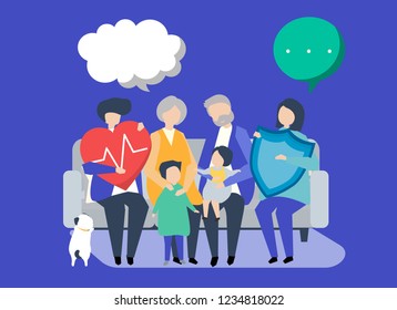 Characters of an extended family with healthcare illustration