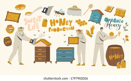 Characters Extracting Honey Concept. Beekeepers in Protective Outfit at Apiary Taking Honeycomb, Smoke and Put to Jar. Producing Natural Eco Product, Beekeeping Farm. Linear People Vector Illustration